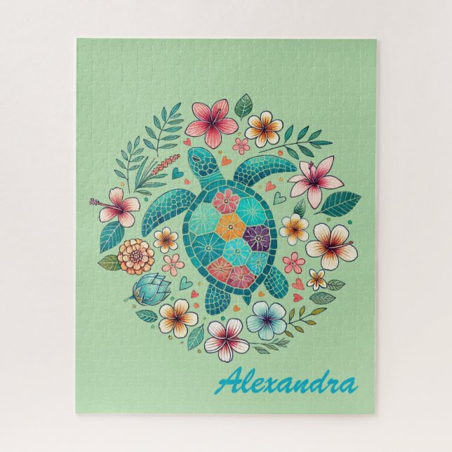  Cute Floral Boho Sea Turtle Custom Name  Jigsaw Puzzle (Vertical)