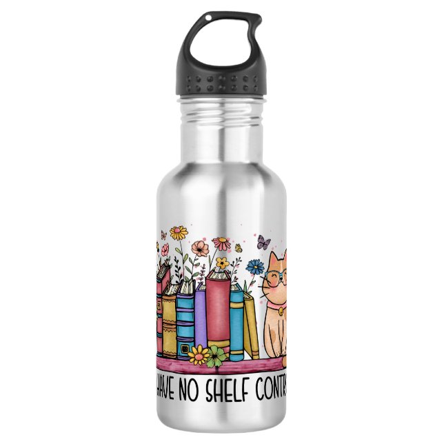 Cute Floral Books and Cat 532 Ml Water Bottle (Front)