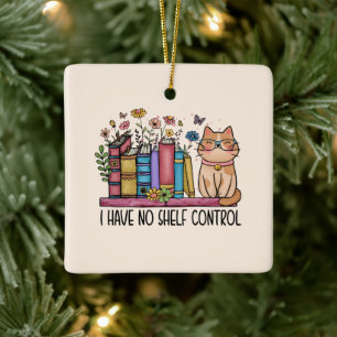 Cute Floral Books and Cat Ceramic Ornament