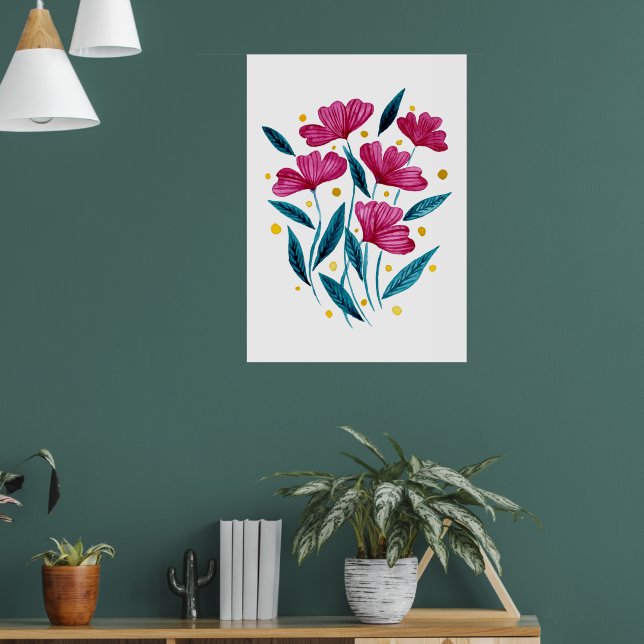 Cute floral bouquet - magenta and teal poster (Living Room 1)