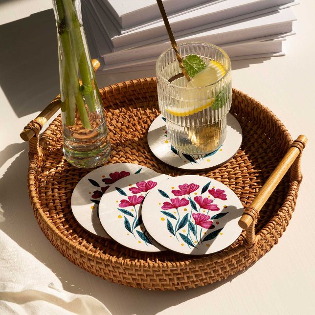 Cute floral bouquet - magenta and teal round paper coaster (Creator Uploaded)