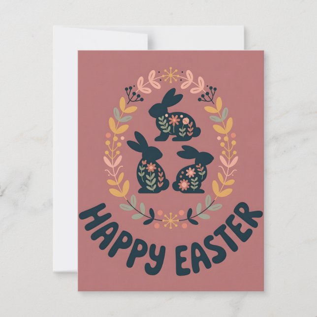Cute Floral Bunny Easter Wreath Spring Card (Front)