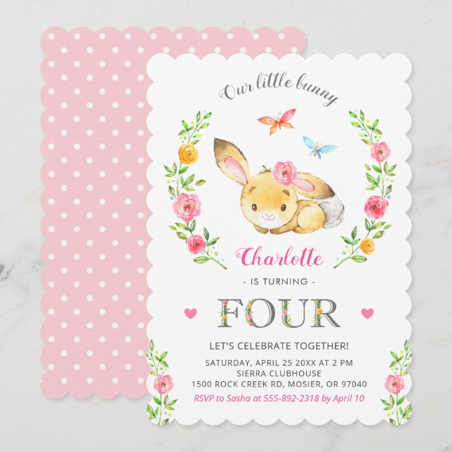 Cute Floral Bunny Girl 4th Fourth 4 Birthday Party Invitation (Front/Back)