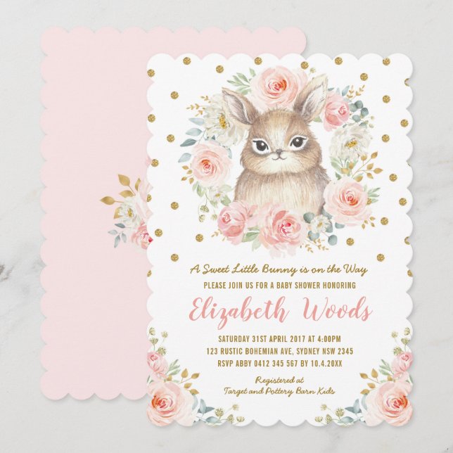 Cute Floral Bunny Girl Baby Shower Blush Pink Gold Invitation (Front/Back)