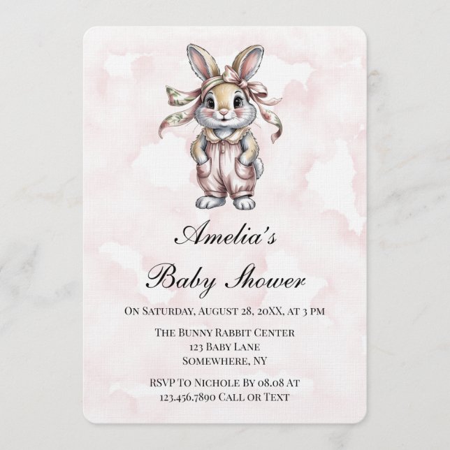 Cute Floral Bunny Girl Baby Shower  Invitation (Front)