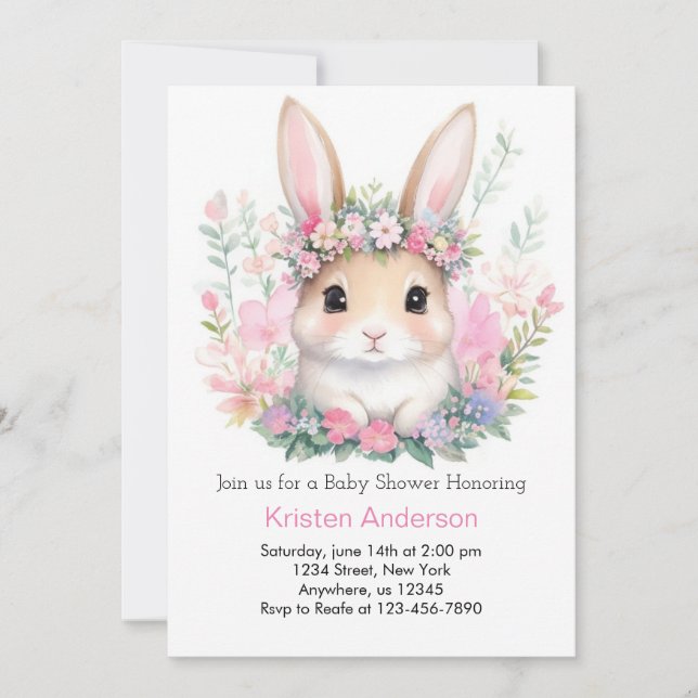 Cute Floral Bunny Girl Baby Shower Invitation (Front)