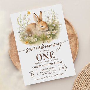 Cute Floral Bunny Girl First Birthday Party Invitation