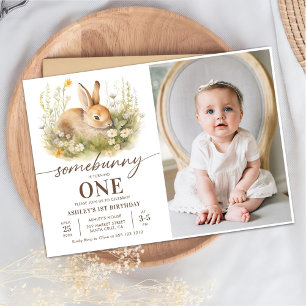 Cute Floral Bunny Girl First Birthday Party Photo Invitation