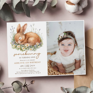 Cute Floral Bunny Girl First Birthday Party Photo Invitation