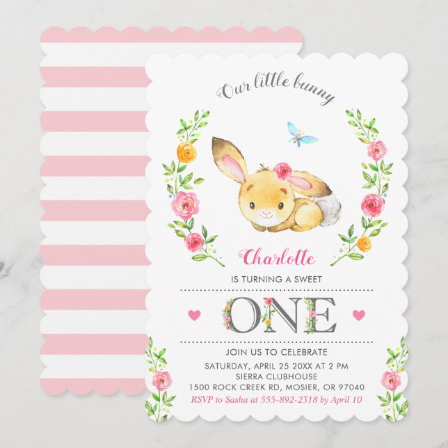 Cute Floral Bunny Girls 1st First Birthday Party Invitation (Front/Back)