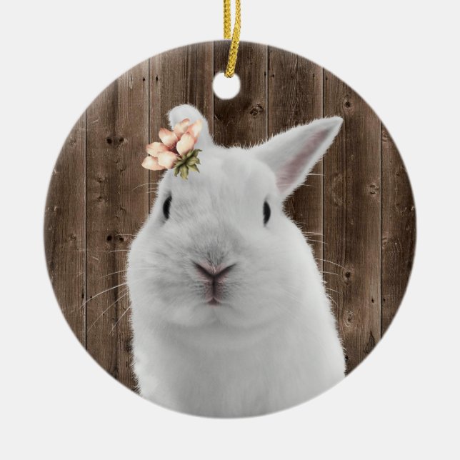 Cute Floral Bunny White Rabbit Barn Wood Ceramic Tree Decoration (Front)