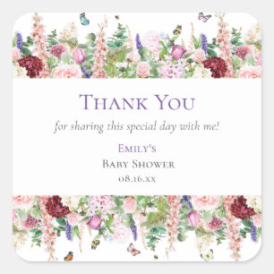 Cute Floral & Butterflies Thank You Baby Shower Square Sticker