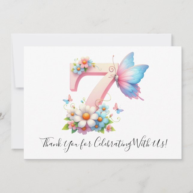 Cute Floral Butterfly Seventh Birthday Thank You  (Front)