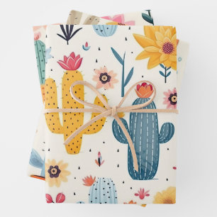 Cute Floral Cactus Pattern Wrapping Paper Sheet