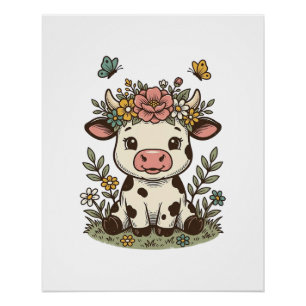Cute Floral Calf Vintage Engraving Vector Design_1 Poster