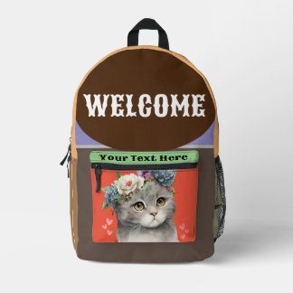 Cute Floral Cat Backpack, Custom Cat Lover School Printed Backpack
