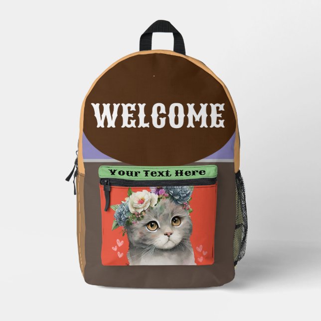 Cute Floral Cat Backpack, Custom Cat Lover School Printed Backpack (Front)
