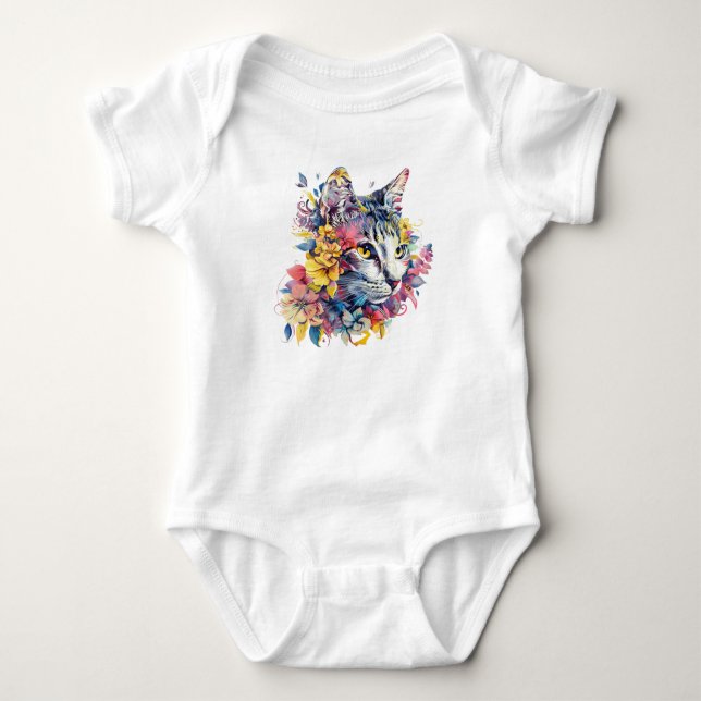 Cute Floral Cat Face Design Baby Bodysuit (Front)