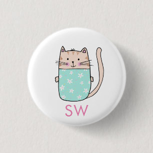 Cute Floral Cat Initials Monogram 3 Cm Round Badge