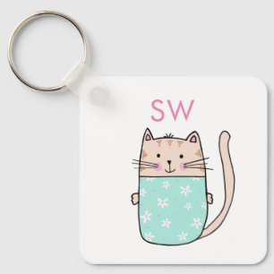 Cute Floral Cat Initials Monogram Key Ring