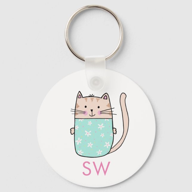 Cute Floral Cat Initials Monogram Key Ring (Front)