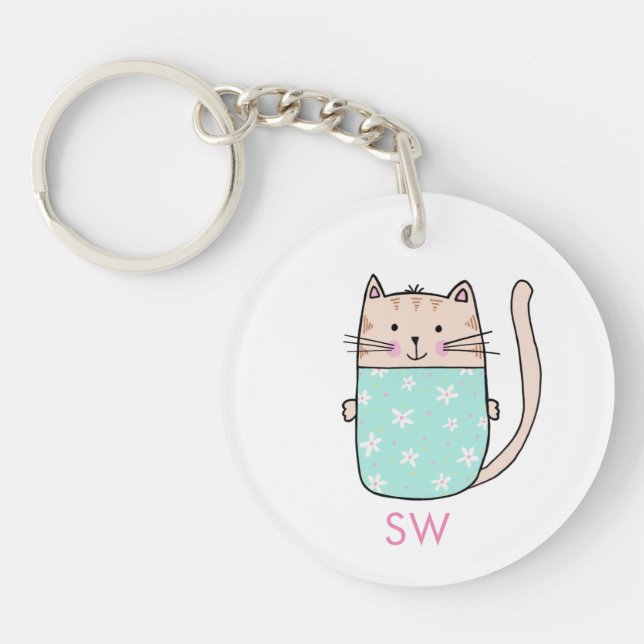 Cute Floral Cat Initials Monogram Key Ring (Front)