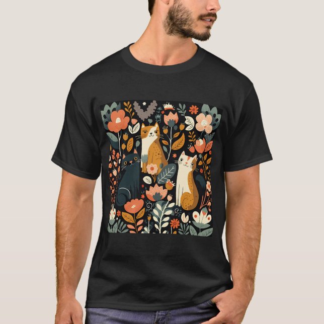 Cute Floral Cat Pattern   T-Shirt (Front)
