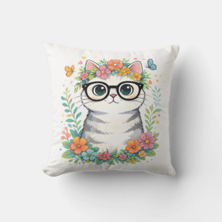 Cute Floral Cat with Glasses Cushion