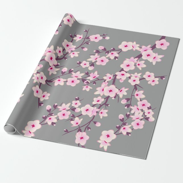 Cute Floral Cherry Blossoms Pink Grey Wrapping Paper (Unrolled)