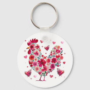 Cute Floral Chicken Lover Hearts Valentines Day Wo Key Ring