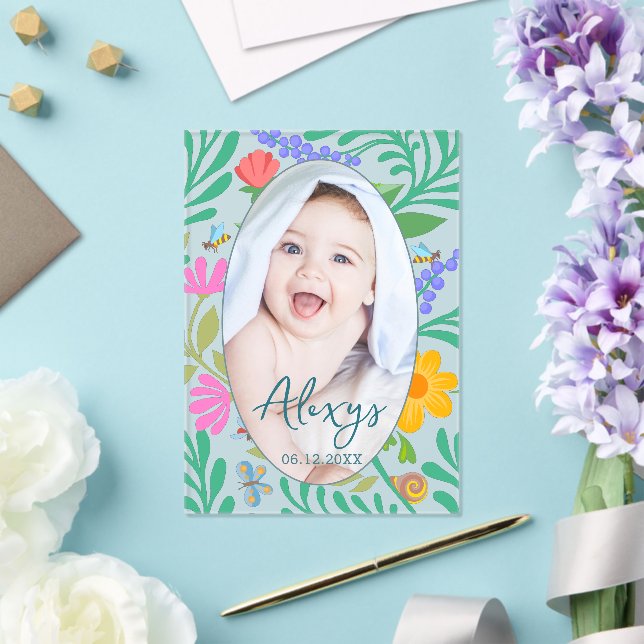  Cute Floral Colourful Add Photo Birth Announcemen Acrylic Invitations (Insitu (Wedding))