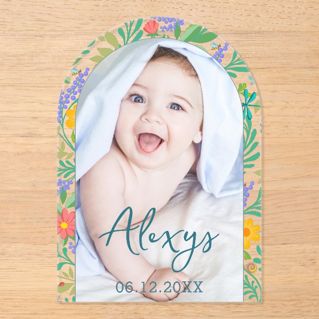  Cute Floral Colourful Add Photo Birth Announcemen Acrylic Invitations (Front)