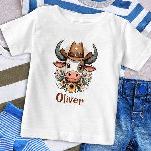 Cute Floral Cow Wearing Cowboy Hat  Baby T-Shirt