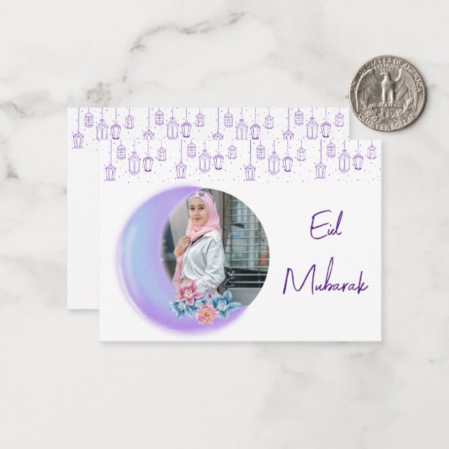 Cute Floral Crescent Islamic Eid Mubarak Photo Card (Front/Back In Situ)