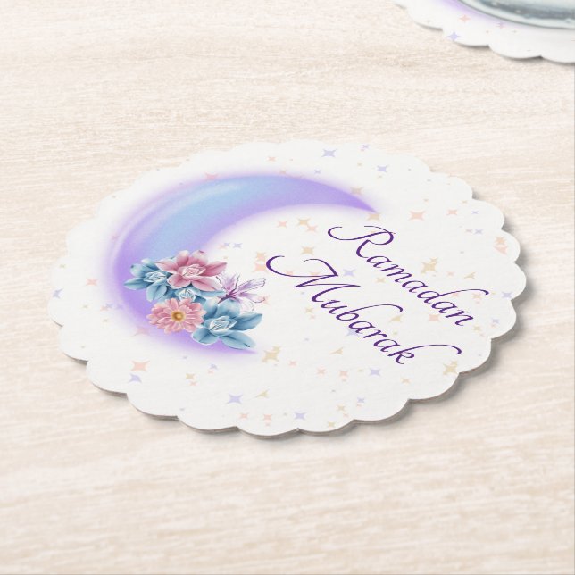 Cute Floral Crescent Islamic Ramadan Mubarak Paper Coaster (Angled)