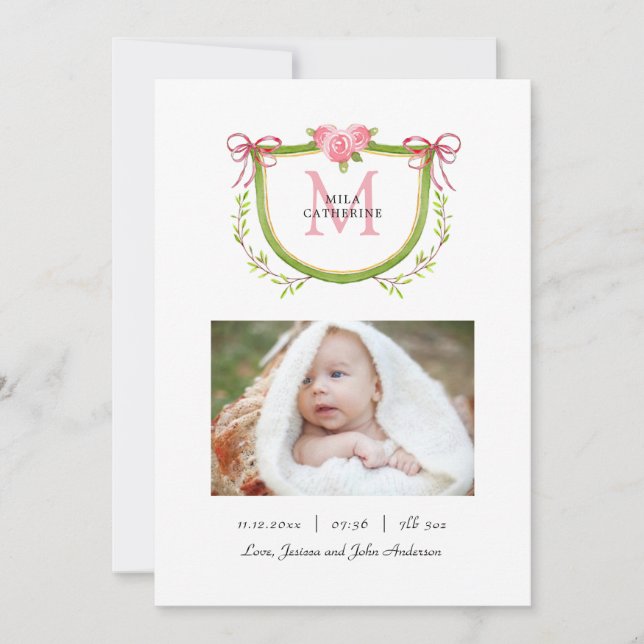 Cute Floral Crest with Monogram Baby girl Birth Announcement (Front)