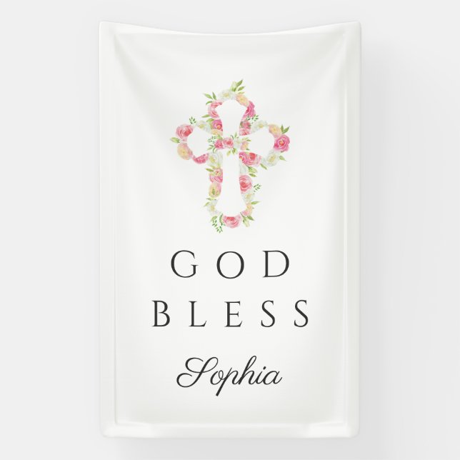 Cute Floral Cross Religious Girl God Bless Banner (Vertical)