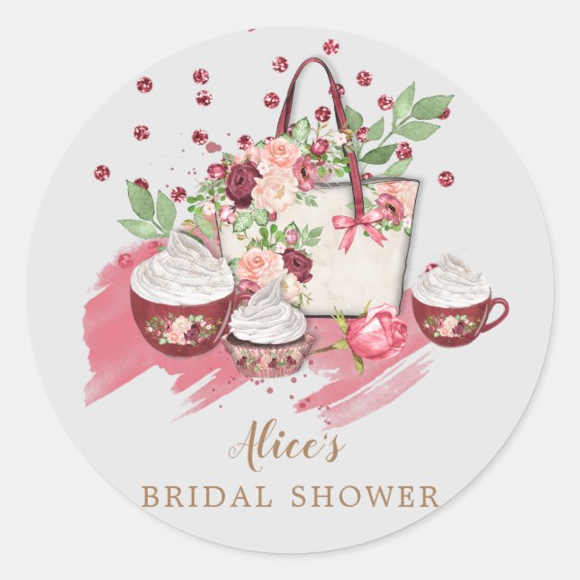 cute floral cupcake bridal shower pink monogram classic round sticker (Front)