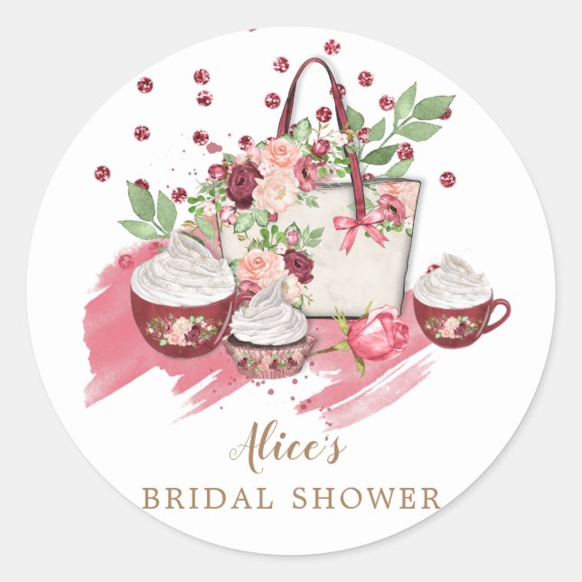 cute floral cupcake bridal shower pink monogram classic round sticker (Front)