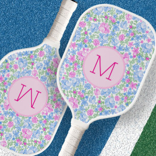 Cute Floral Custom Monogram Pink and Blue Pickleball Paddle