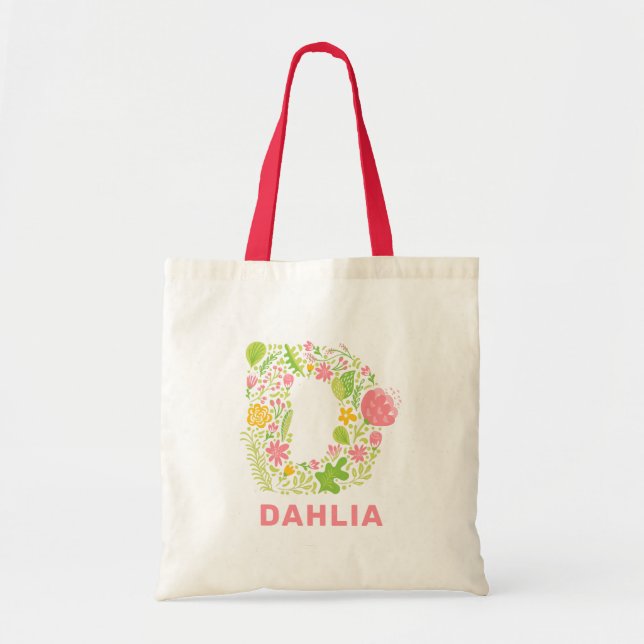 Cute Floral D Initial Name Green Pink Yellow Chic Tote Bag (Front)