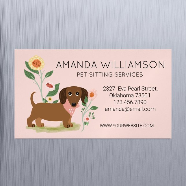 Cute Floral Dachshund Dog Pet Care Services Magnetic Business Card (Cute Floral Dachshund Dog Pet Care Services Business Card Magnet)