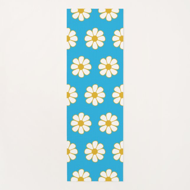 Cute Floral Daisy Pattern Blue and Mustard Yoga Mat (Front)