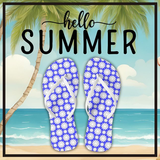 Cute Floral Daisy Pattern Blue and White Summer Flip Flops (Say Hello Summer with these cute floral daisy pattern blue and white flip flops.)