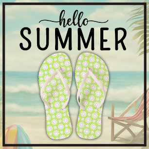 Cute Floral Daisy Pattern Green and White Summer Flip Flops