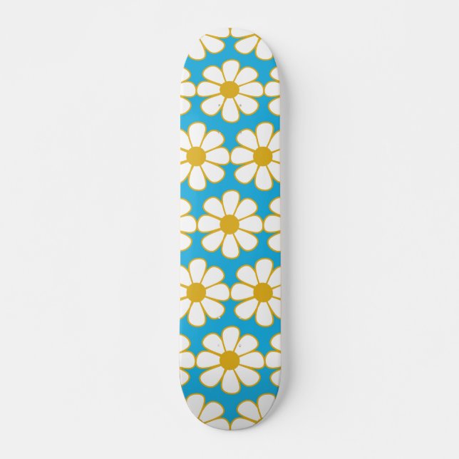 Cute Floral Daisy Pattern Mustard and Blue Skateboard (Front)