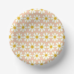 Cute Floral Daisy Pattern Mustard Gold and Blush Paper Plate