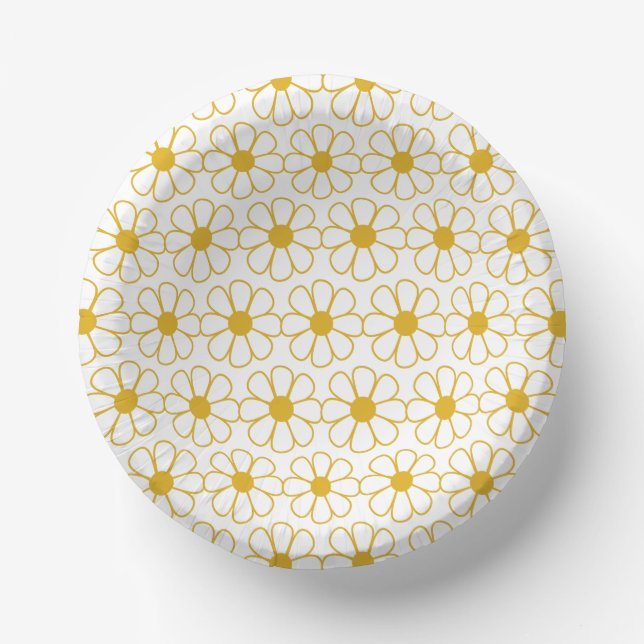 Cute Floral Daisy Pattern Mustard Gold and White P Paper Plate (Front)