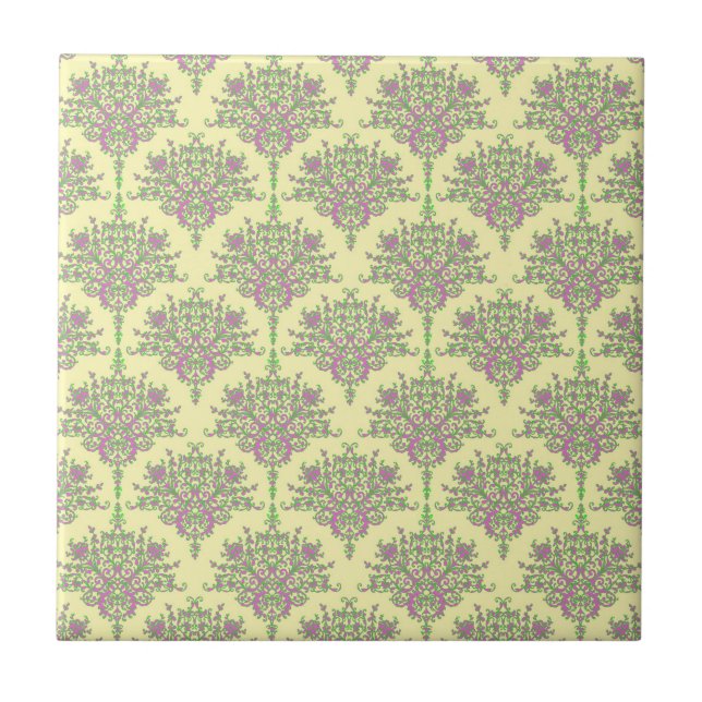 Cute Floral Damask in Pink Green and Pale Yellow Tile (Front)