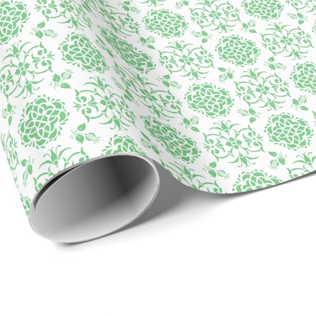 Cute Floral Damask Stylie Pattern Green and White Wrapping Paper (Roll Corner)